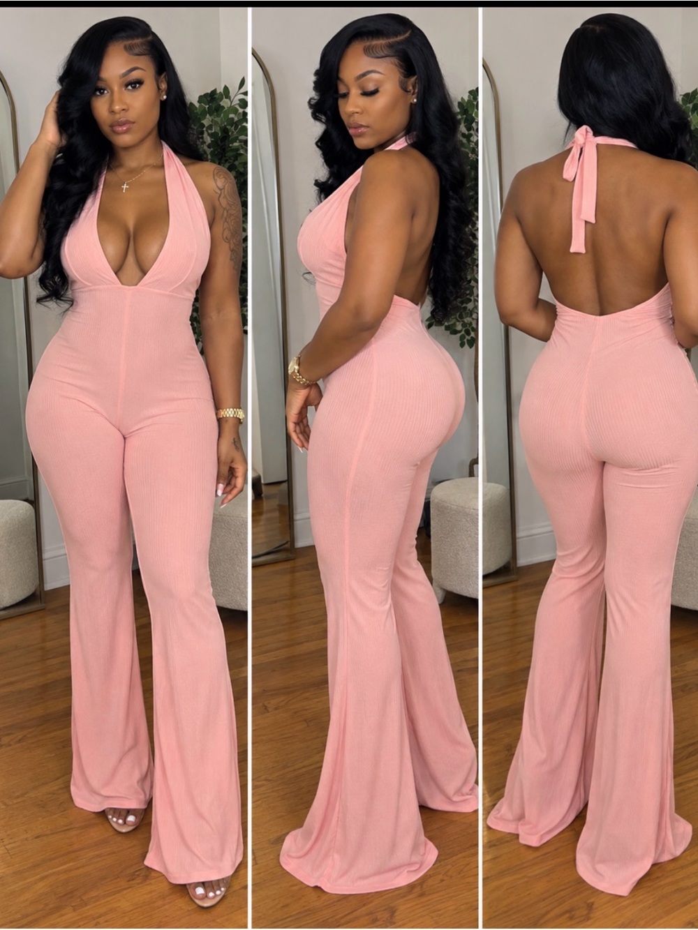 Halter-Back Pink Ribbed Jumpsuit